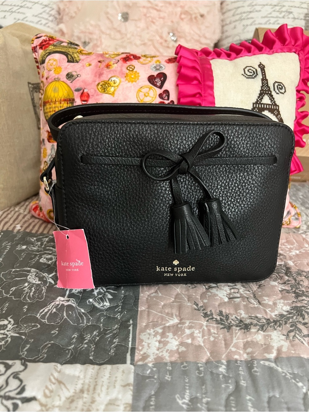 kate spade Black Pebbled Leather Crossbody with Tassel Bow